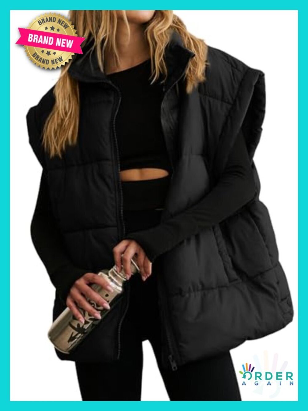 Womens Oversized Puffer Vest Stand Collar Flysleeve Insulated Padded Jacket